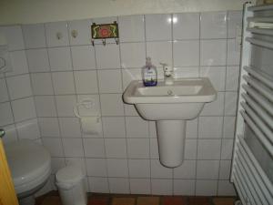 a bathroom with a sink and a toilet at Fischerkate-mit-schoenem-Garten in Sankt Peter-Ording +32 photos