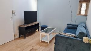 ein Wohnzimmer mit einem blauen Sofa und einem Klavier in der Unterkunft L'Angelus de Villiers, belle suite dans corps de ferme in Villiers-sous-Grez