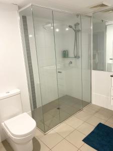 a bathroom with a glass shower with a toilet at Cozy Cool Getaway in Townsville