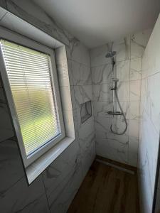 La salle de bains est pourvue d'une douche et d'une fenêtre. dans l'établissement Apartmaji Seljak, à Preddvor