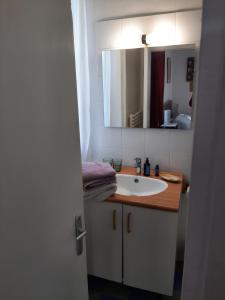 La salle de bains est pourvue d'un lavabo blanc et d'un miroir. dans l'établissement Chambre Eugénie, à Saint-Cloud