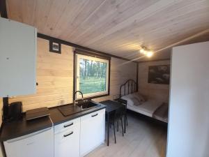 a kitchen and dining area of a tiny house at Domek Letniskowy Paweł in Pogorzelica +24 photos