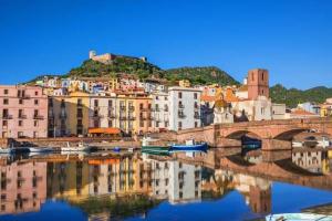 a city with a bridge and boats in the water at Le Camelie camera in Bosa