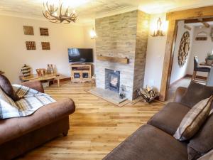 een woonkamer met twee banken en een open haard bij Tawny Owl Cottage in Louth