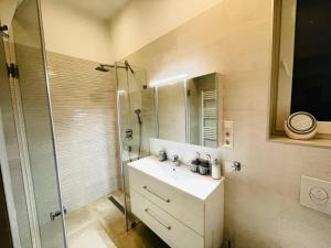 a bathroom with a sink and a glass shower at Podmaniczky Deluxe Apartment in Budapest