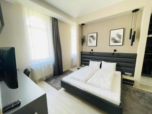 布達佩斯的住宿－Podmaniczky Deluxe Apartment，一间卧室配有一张床和一台电视