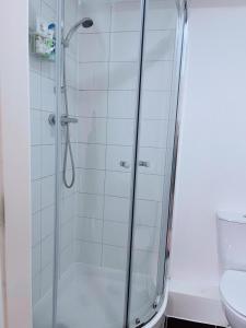 una doccia con porta in vetro in bagno di Shared Modern Apartment Double Bedroom With Attached Bath a Manchester