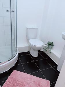 y baño con aseo, ducha y alfombra rosa. en Shared Modern Apartment Double Bedroom With Attached Bath en Mánchester