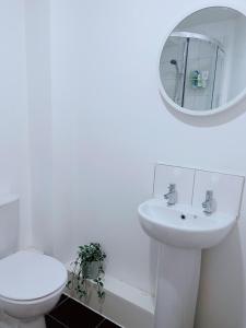 a bathroom with a sink and a toilet and a mirror at Shared Modern Apartment Double Bedroom With Attached Bath in Manchester