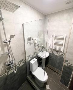 een badkamer met een toilet, een douche en een wastafel bij ART family hotel in Tbilisi City