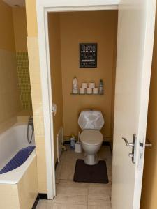 a bathroom with a toilet and a bath tub at CALME in Drancy