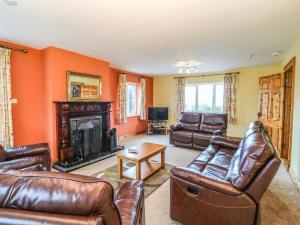 uma sala de estar com mobiliário de couro e uma lareira em Kiltymon Cottage em Ahakista