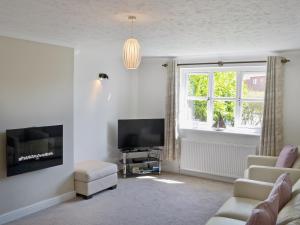 a living room with a tv and a couch and a window at Dormouse Cottage in Sea Palling