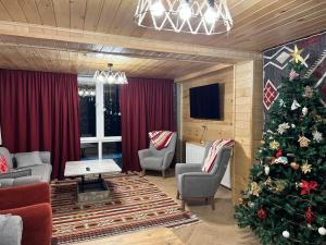 una sala de estar con un árbol de Navidad en la esquina en Manoni Ratiani's Guesthouse, en Mestia