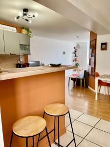 eine Küche und ein Wohnzimmer mit zwei Hockern und einer Theke in der Unterkunft L'appart & Beaujolaise à l Arbresle in Éveux
