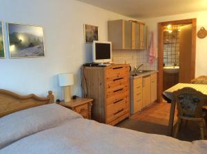 Dormitorio con cama y tocador con TV en Double room with a kitchenette in a beautiful surrounding, en Sautens