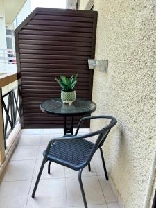 a table with a potted plant on a balcony at Minos Studios in Chania