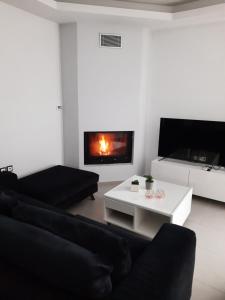 a living room with a couch and a fireplace at Mary's luxury apartment Nemea in Neméa