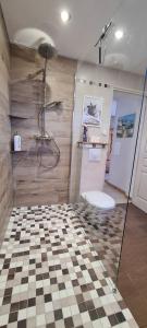 une salle de bain avec douche et sol en damier dans l'établissement Au bout du lac d'Annecy, à Doussard 31 autres photos