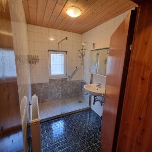 a bathroom with a shower and a sink at Ladner am See in Grundlsee