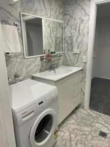 a bathroom with a washing machine and a sink at LCF Rosehill Accommodation 3 free car parking inside property G2 in Sydney