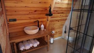 baño con lavabo y pared de madera en Yeşil Düş Tatil Köyü, en Fındıklı