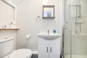 a bathroom with a toilet and a sink and a shower at Laud Close Guest Suites in Reading
