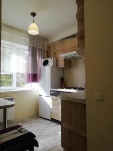 cocina con nevera blanca y ventana en Апартаменты Дарницкая площадь en Kiev