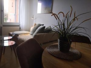 ein Wohnzimmer mit einem Sofa und einem Tisch mit einer Topfpflanze in der Unterkunft Unter den Linden - 3 in Dahme