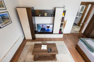 ein Wohnzimmer mit einem TV und einem Couchtisch in der Unterkunft Apartman Zelengora in Tjentište
