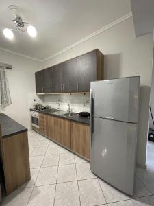 La cuisine est équipée d'un réfrigérateur en acier inoxydable et de placards en bois. dans l'établissement Litsa's Apartment, à Igoumenítsa