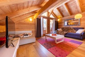 a living room with a couch and a tv at Chalet Mountainside avec sauna et jacuzzi à 200m des pistes in Vars