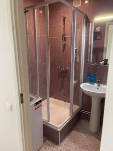 a bathroom with a shower and a sink at Kornelija in Palanga
