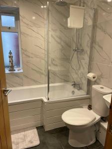 a bathroom with a shower and a toilet and a tub at 3 bedroom terrace holiday home in Great Torrington