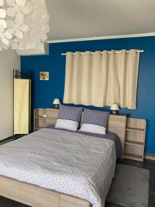 MagalasにあるAppartement indépendant le Mahanaの青い壁のベッドルーム1室、紫色の枕付きのベッド1台が備わります。