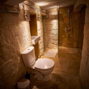 a small bathroom with a toilet and a shower at House of Character in Valletta in Valletta