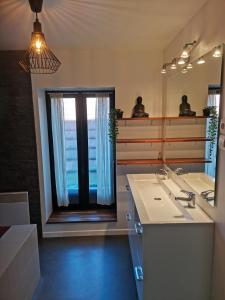 een badkamer met een wastafel en een grote spiegel bij shamshouse in Dol-de-Bretagne