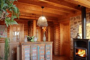 a living room with a fireplace in a log cabin at Chalet Shaimoa in Font-Romeu-Odeillo-Via