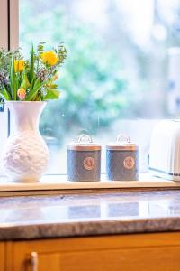 Tres flores en un jarrón en un alféizar de la ventana en Cottage Apartment en Dunblane
