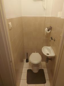 un piccolo bagno con un water e un lavandino di Sétány Apartmanház Fonyód a Fonyód Altre 37 foto