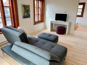 a living room with a couch and a tv at Appartements Gite Kezako in Lévis