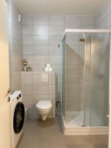 a bathroom with a toilet and a glass shower at Portview apartment in Rijeka