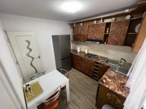 uma pequena cozinha com um lavatório e um frigorífico em ROV em Suceava
