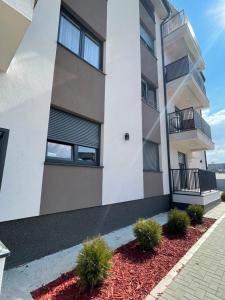 un edificio de apartamentos con balcones y plantas en Cvetanov trg LUX 2, en Belgrado