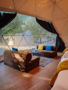 Aquamare Beach Camp Resort في سيكويجور: غرفة معيشة في خيمة مع كنب وطاولة
