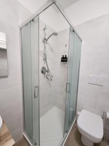 a bathroom with a shower and a toilet at Quela Apartment - Pietralata in Rome