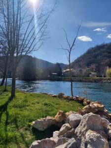 une rivière avec des rochers dans l'herbe et des arbres dans l'établissement Hacienda Burzić, à Kulen Vakuf