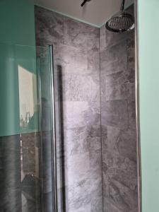 a shower with a glass door in a bathroom at Chez Dédou et Madou in Florensac