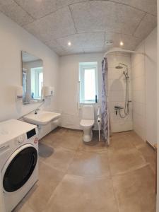 La salle de bains est pourvue de toilettes, d'un lavabo et d'une douche. dans l'établissement Fælleshuset Kirkebakken, à Otterup