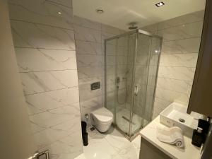 La salle de bains est pourvue d'une douche en verre et de toilettes. dans l'établissement Merkezi ve huzurlu, à Istanbul